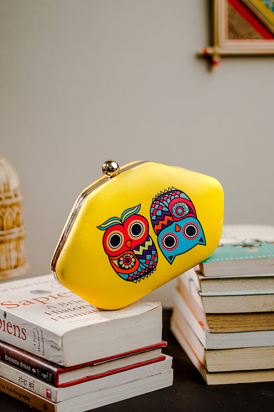 NR By Nidhi Rathi Women Yellow Owl Printed Clutch Bag