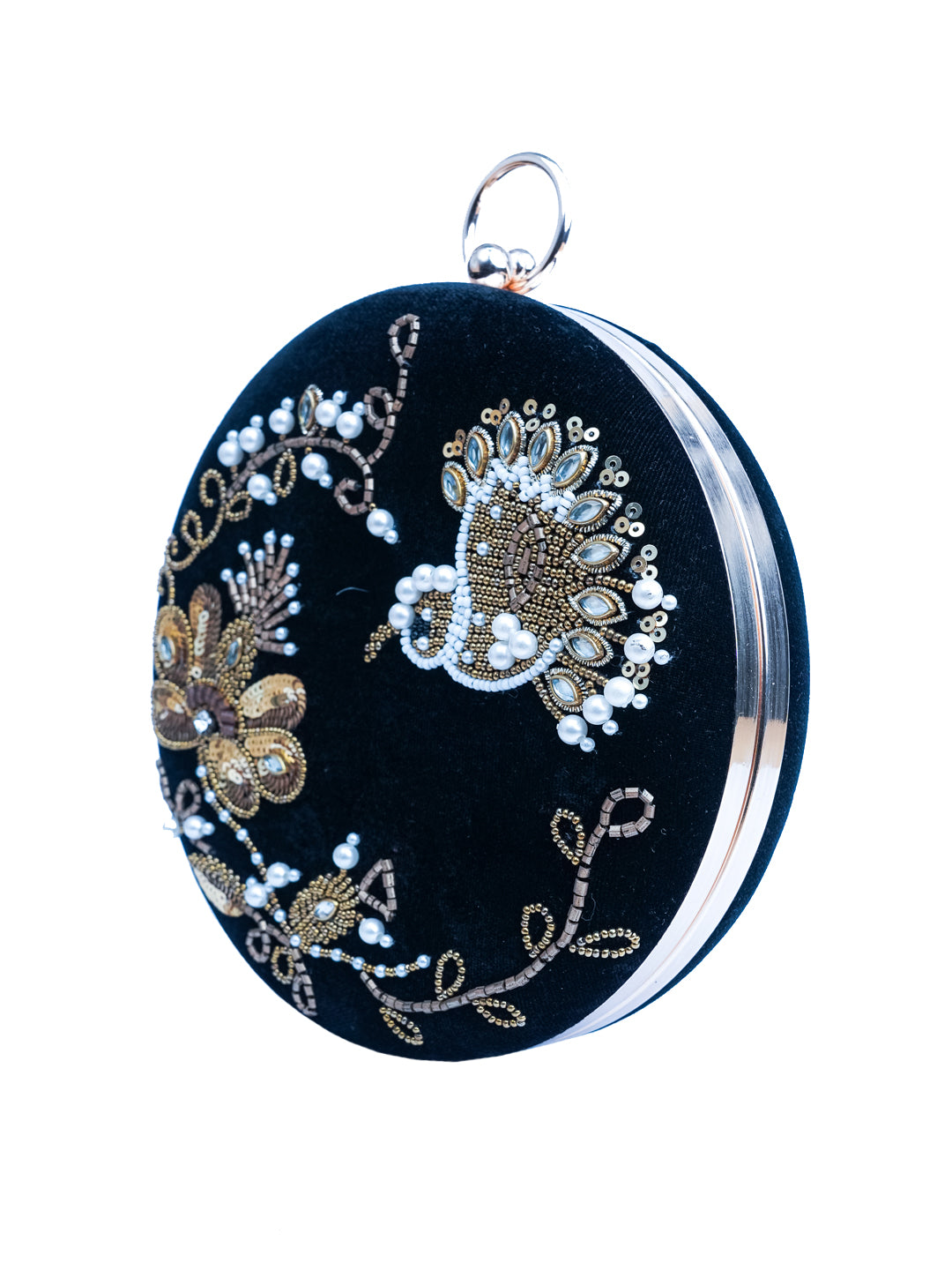 NR By Nidhi Rathi Black &amp; Silver-Toned Embroidered Embellished Box Clutch