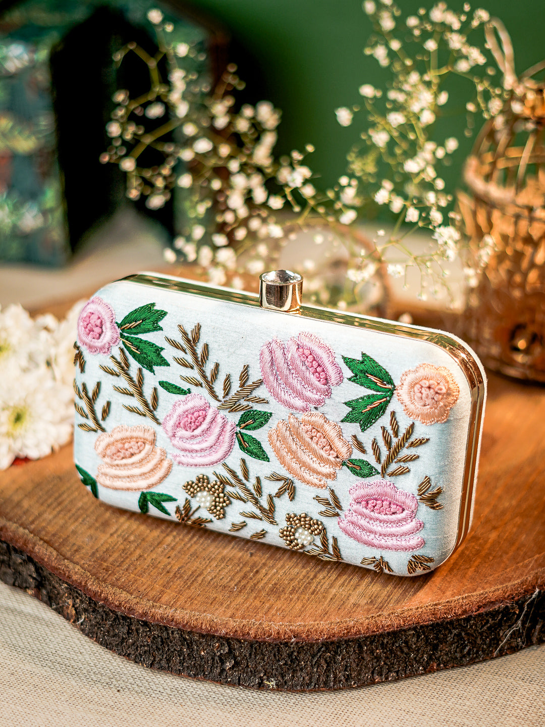 NR By Nidhi Rathi Blue &amp; Green Embroidered Box Clutch