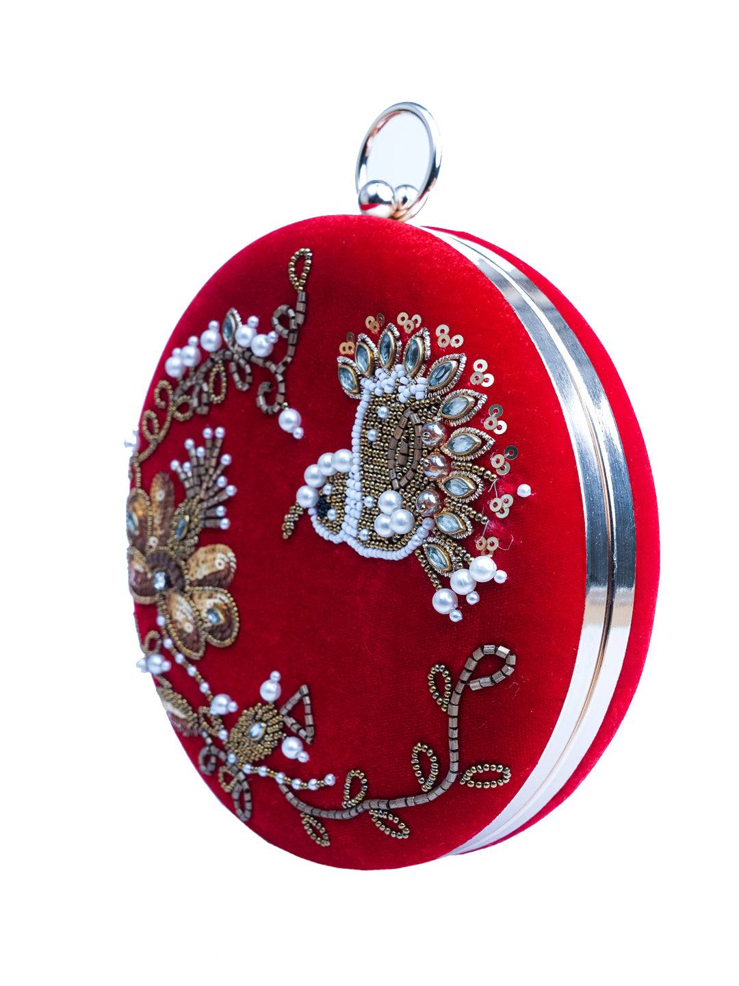 NR By Nidhi Rathi Red &amp; Silver-Toned Embellished Box Clutch