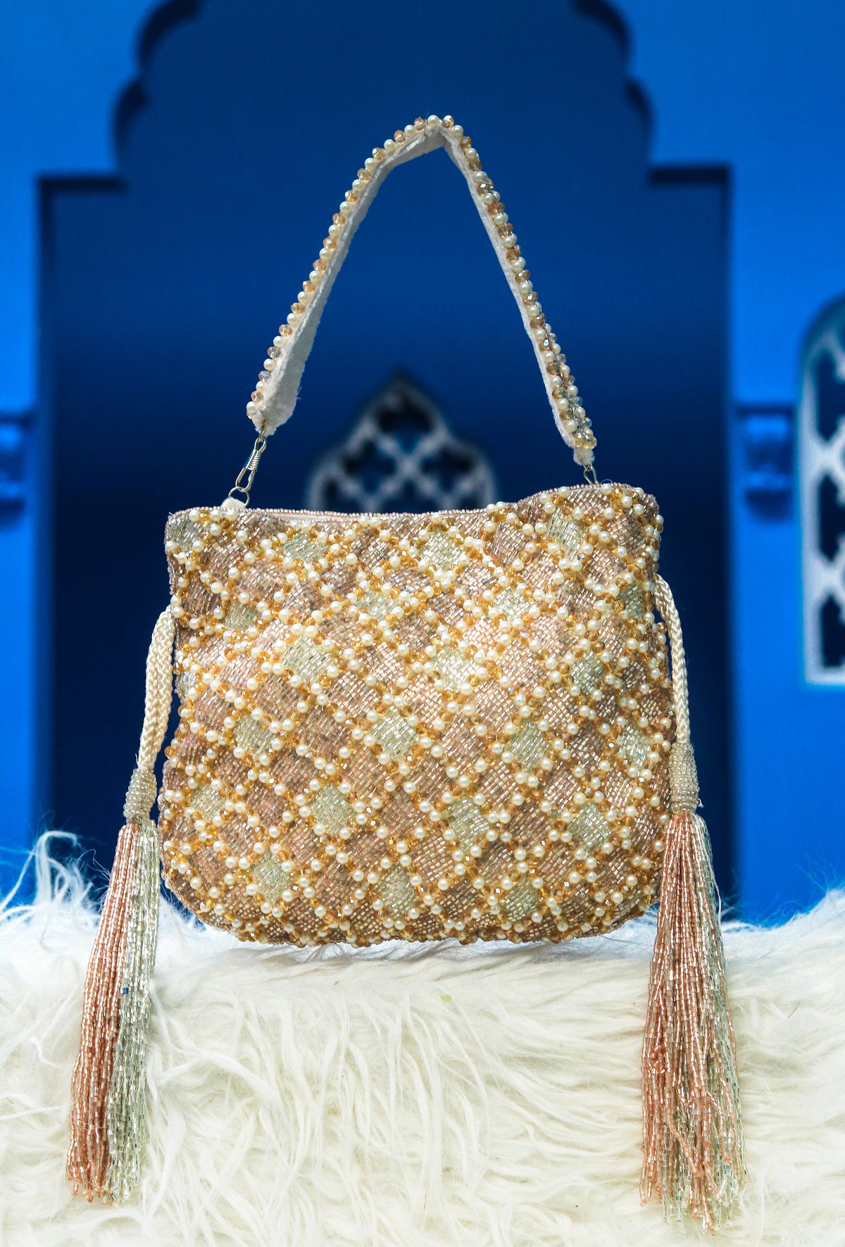 NR By Nidhi Rathi Gold-Toned White Embroidered Embroidered Purse Clutch