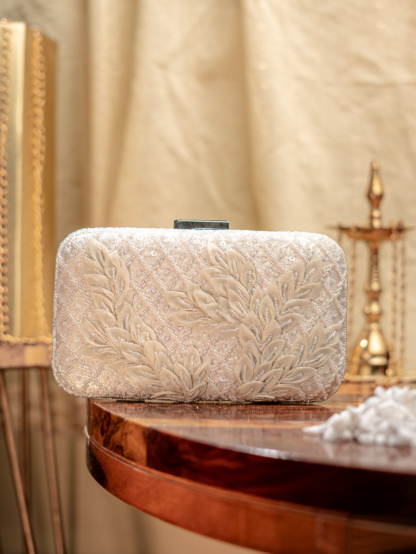 White Patch Work Embellised Clutch Bag