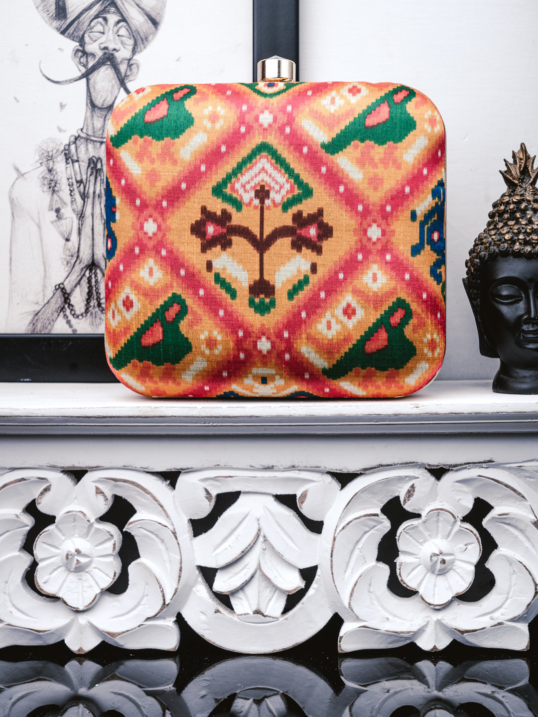 Nidhi_Rathi_Peach-Coloured_Green_Printed_Box_Clutch