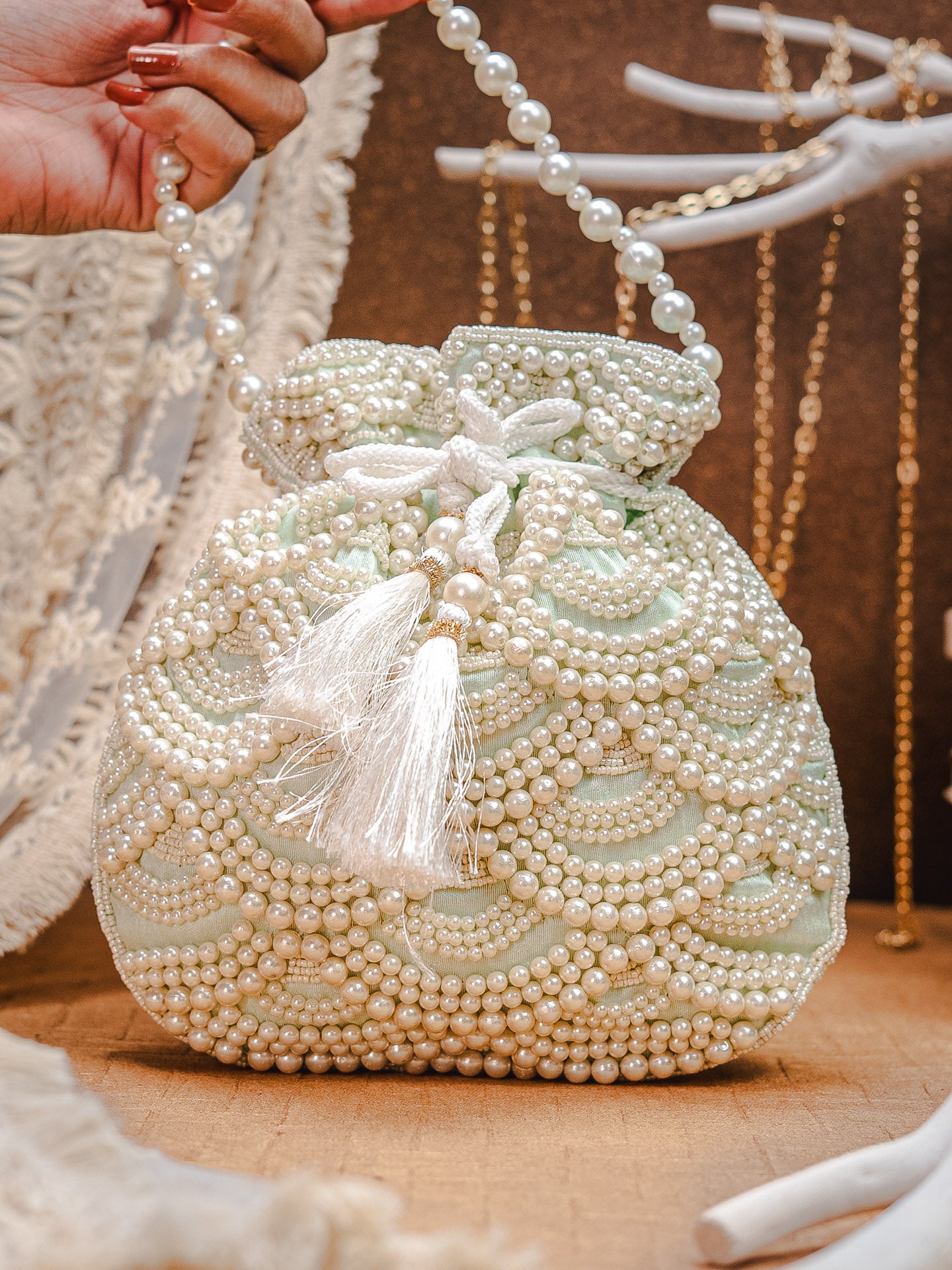Pista Green Pearl Embellised Potli Bag