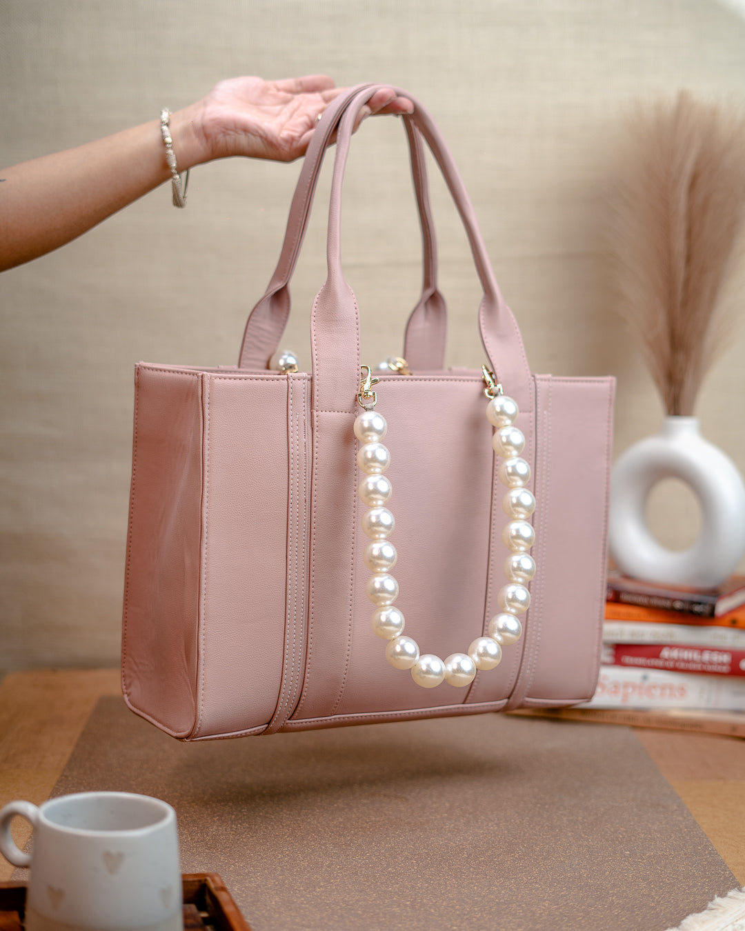 Heavy Pearl Handle Peach Handbag