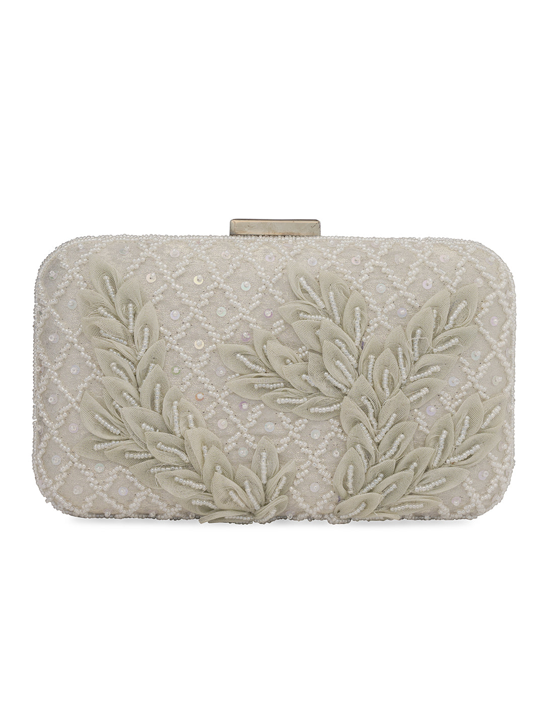 White Patch Work Embellised Clutch Bag