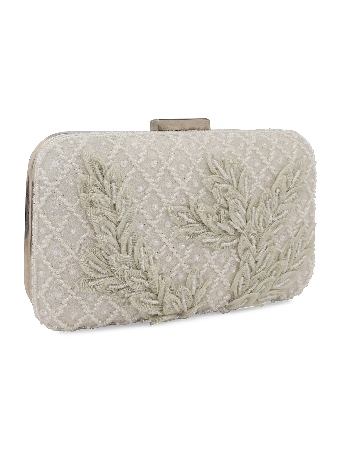 White Patch Work Embellised Clutch Bag