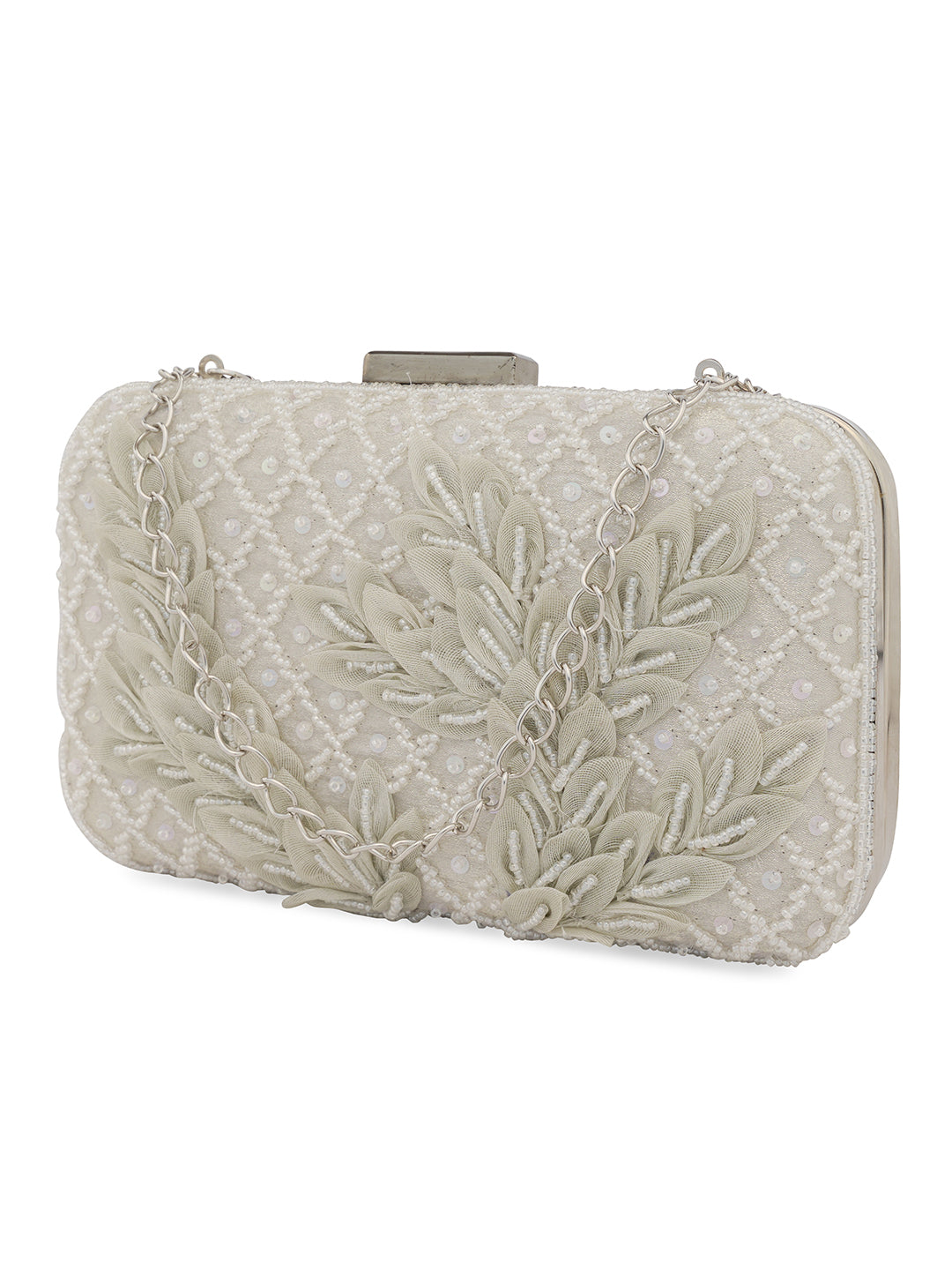 White Patch Work Embellised Clutch Bag
