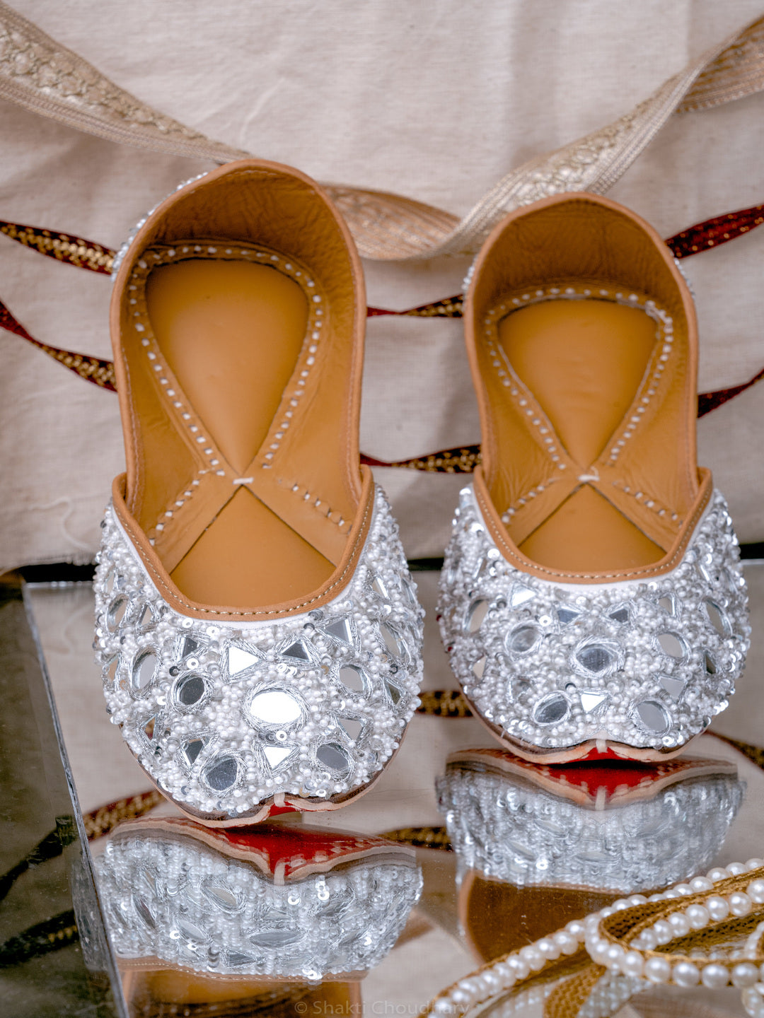 Women Silver Tan Embellished Mojaris Flats