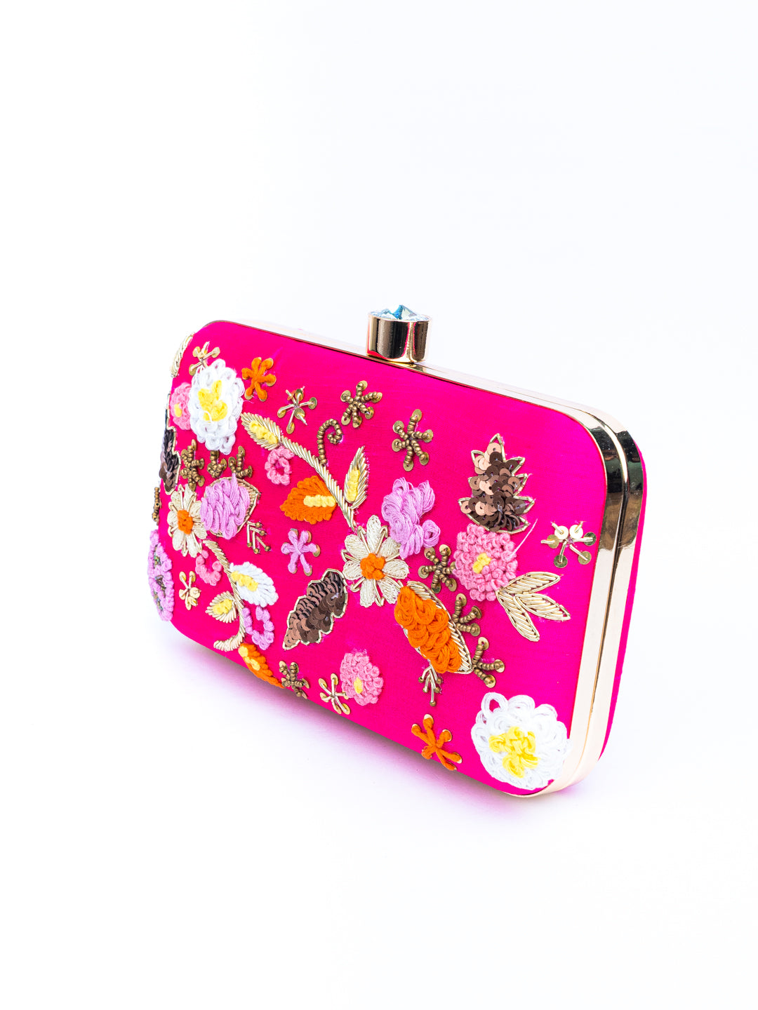 NR By Nidhi Rathi Pink Gold-Toned Embroidered Embellished Box Clutch