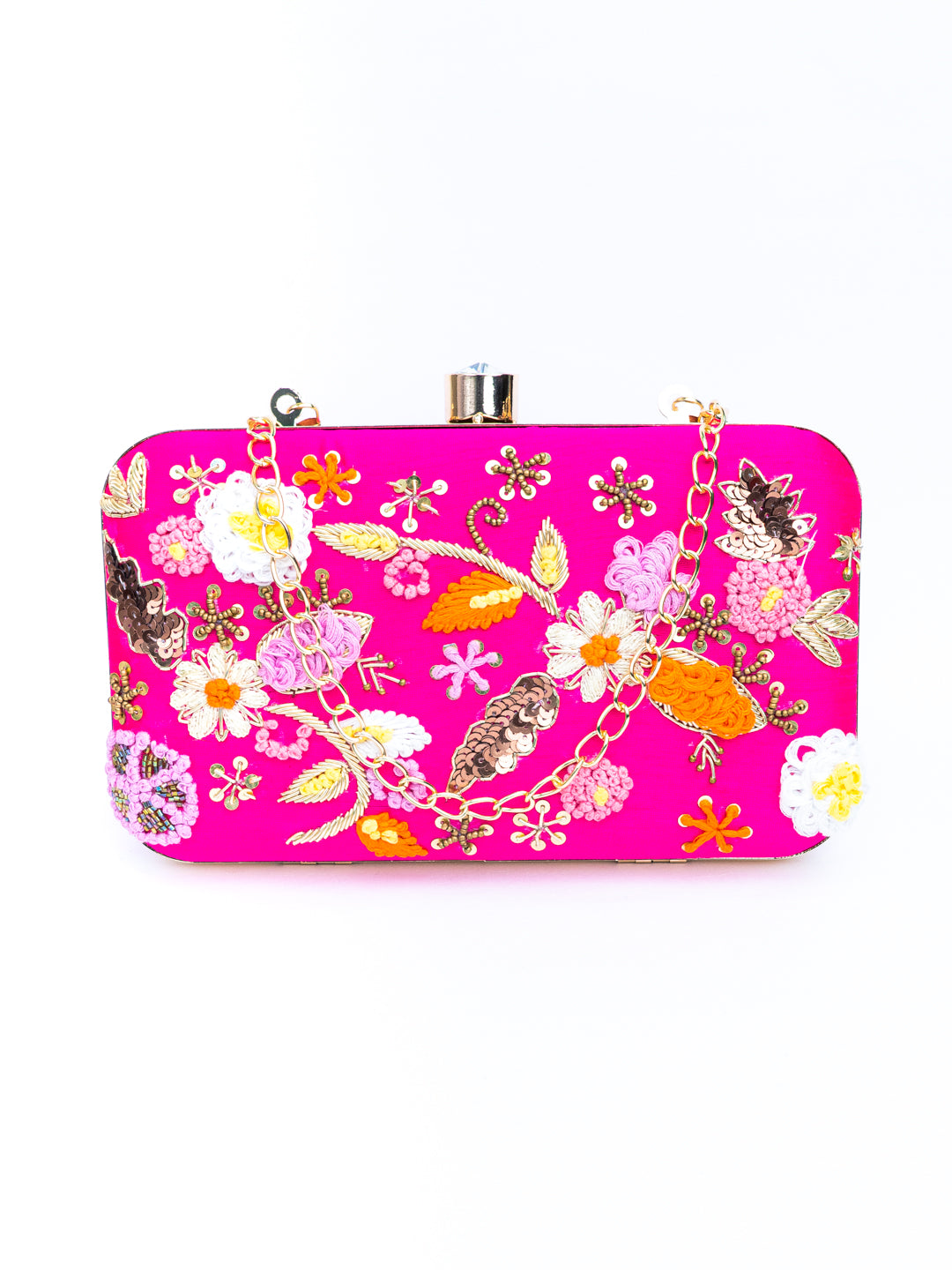 NR By Nidhi Rathi Pink Gold-Toned Embroidered Embellished Box Clutch