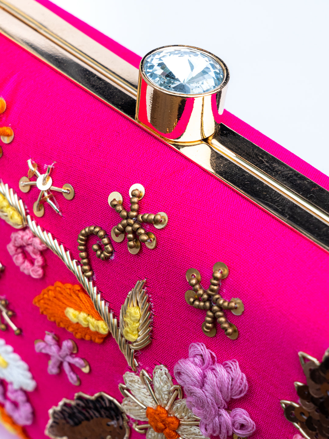 NR By Nidhi Rathi Pink Gold-Toned Embroidered Embellished Box Clutch