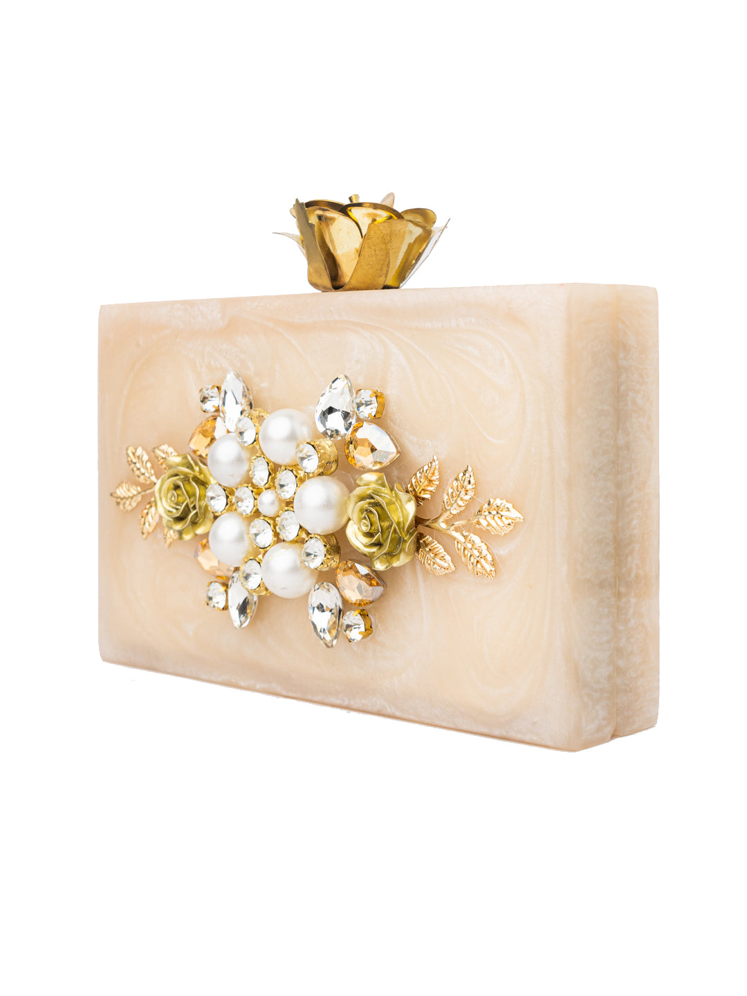 Peach-Coloured & White Embellished Box Clutch