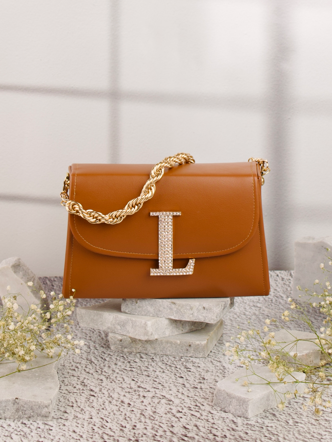Tan_L_Alphabhet_Intial_Embellised_Flap_Bag_Nidhi_Rathi