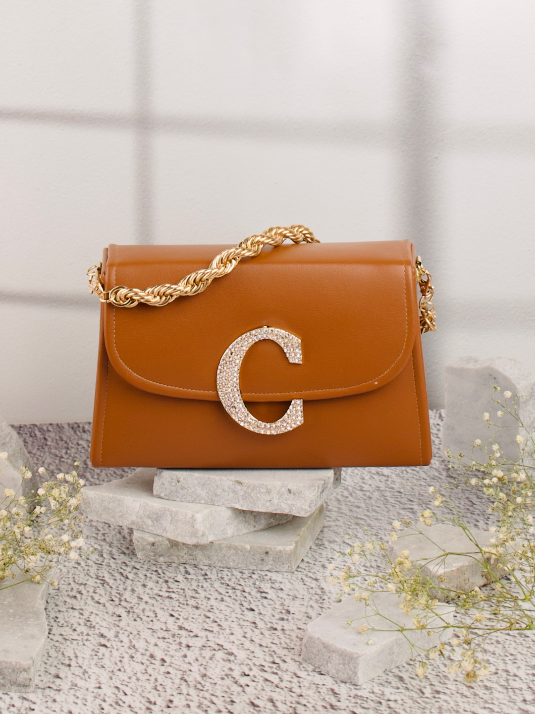 Tan_C_Alphabhet_Intial_Embellised_Flap_Bag_Nidhi_Rathi