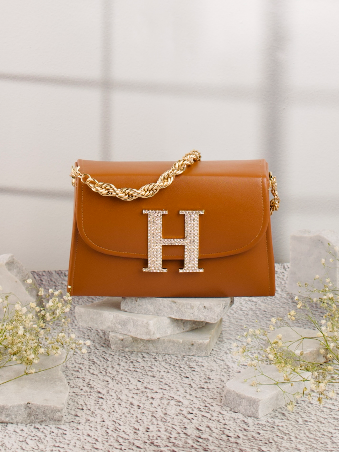 Tan_H_Alphabhet_Intial_Embellised_Flap_Bag_Nidhi_Rathi